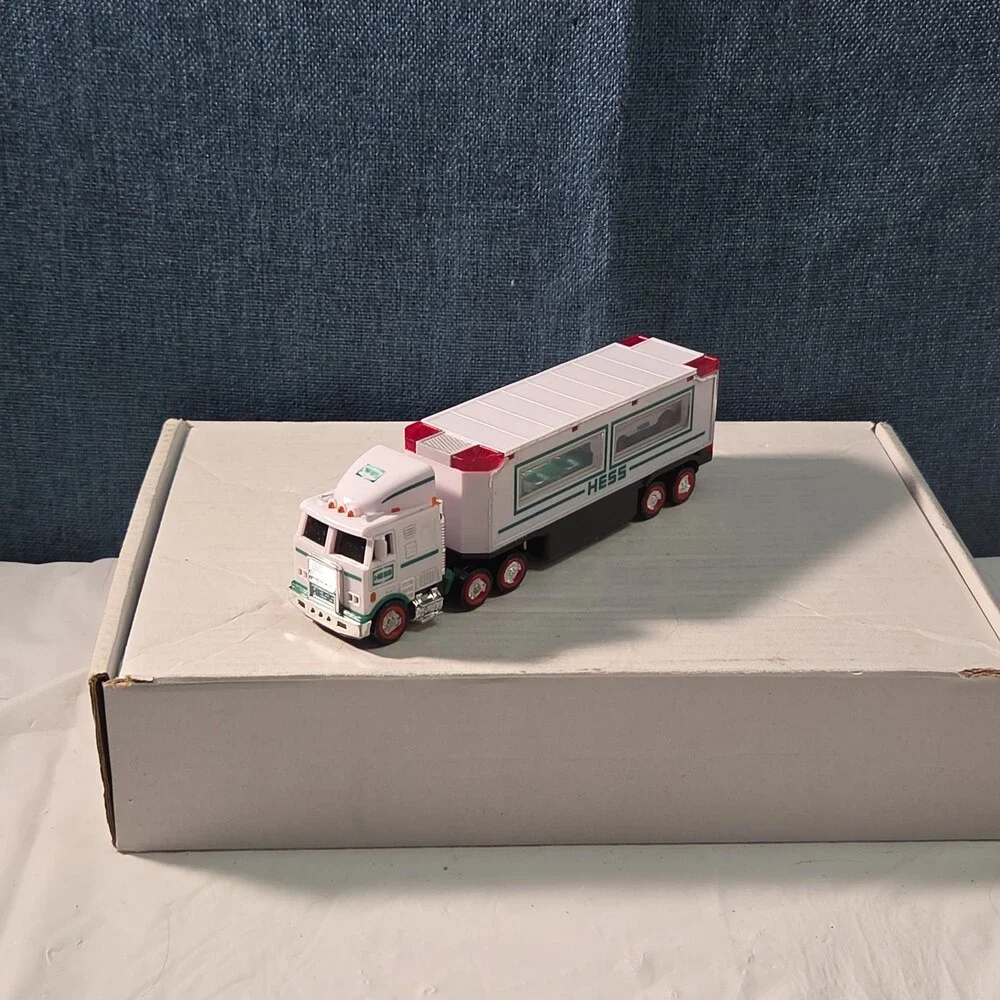 2021 Hess Mini Toy Truck Semi Hauler with Race Car White & Green Collectible